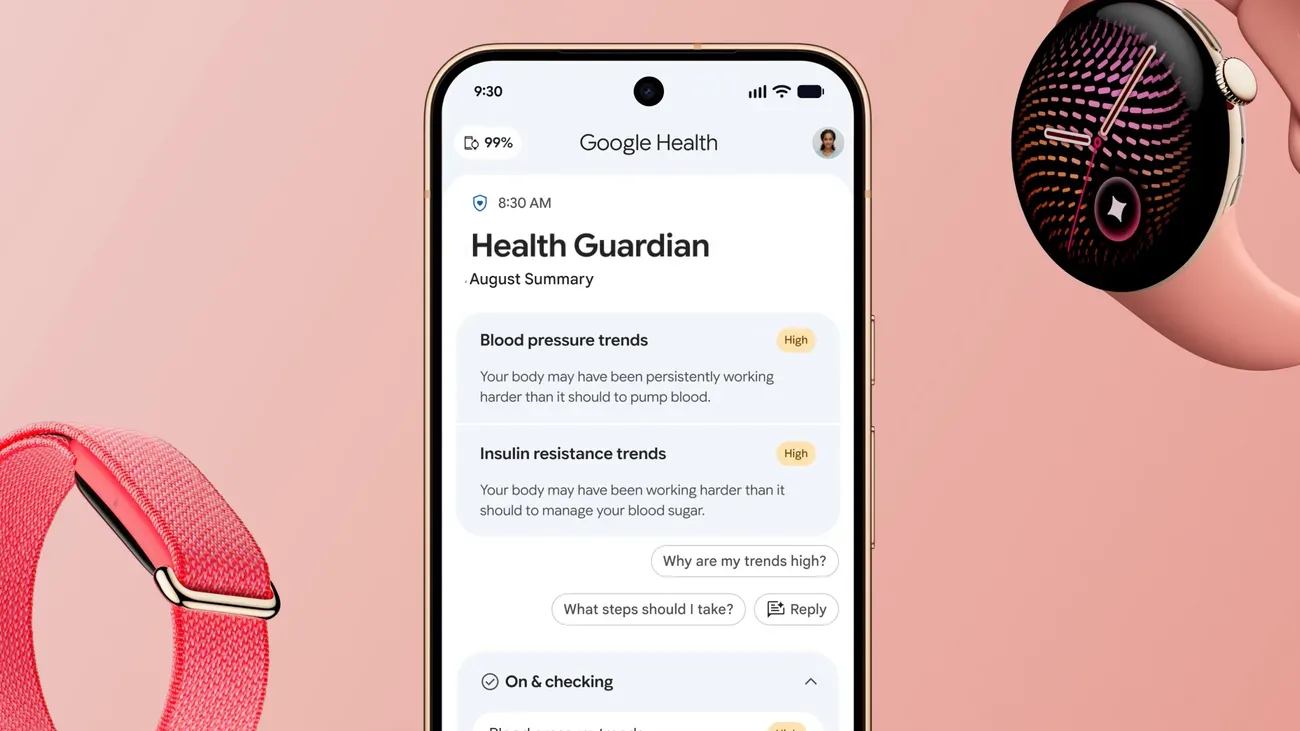Smartphone con la app Google Health mostrando resúmenes de salud junto a un Pixel Watch
