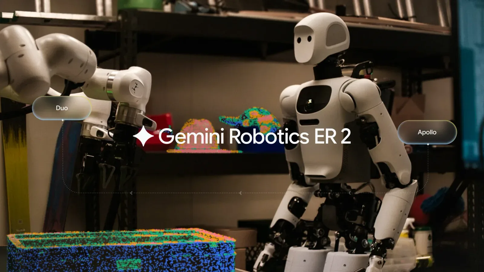 Los robots Duo y Apollo en la presentación oficial de Gemini Robotics ER 2