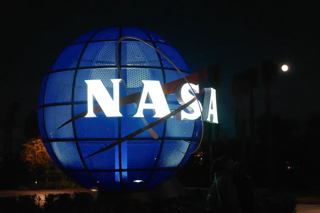 Escultura iluminada del logotipo de la NASA fotografiada de noche junto a palmeras