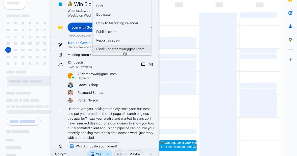Captura de Google Calendar mostrando la opción de bloquear a un usuario