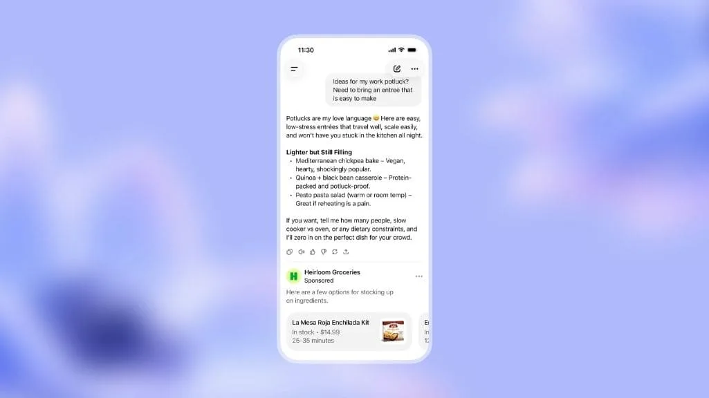 Ejemplo de un anuncio patrocinado integrado en ChatGPT Ads.