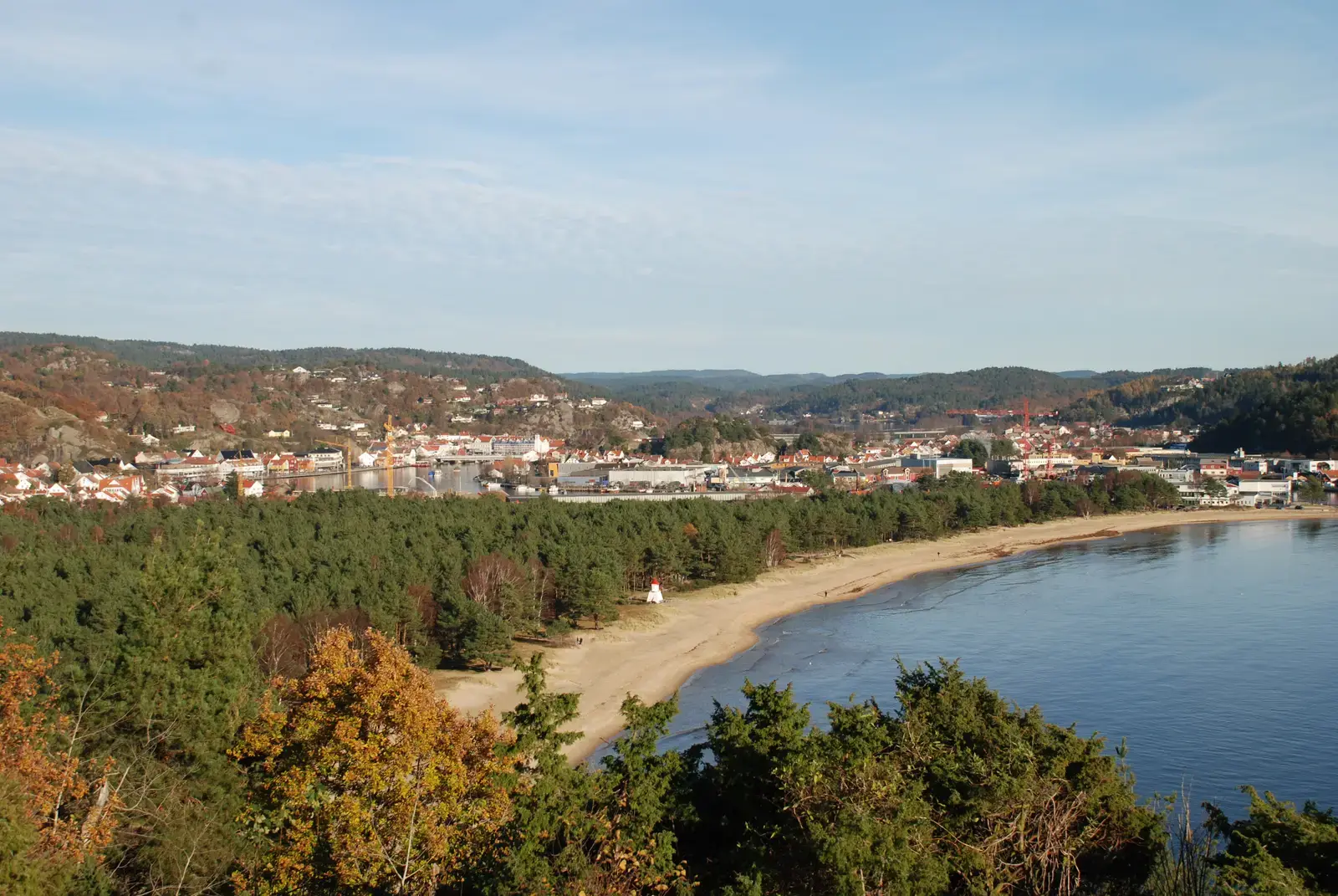 Panorámica de zona costera con playa, bosque y población en el fondo