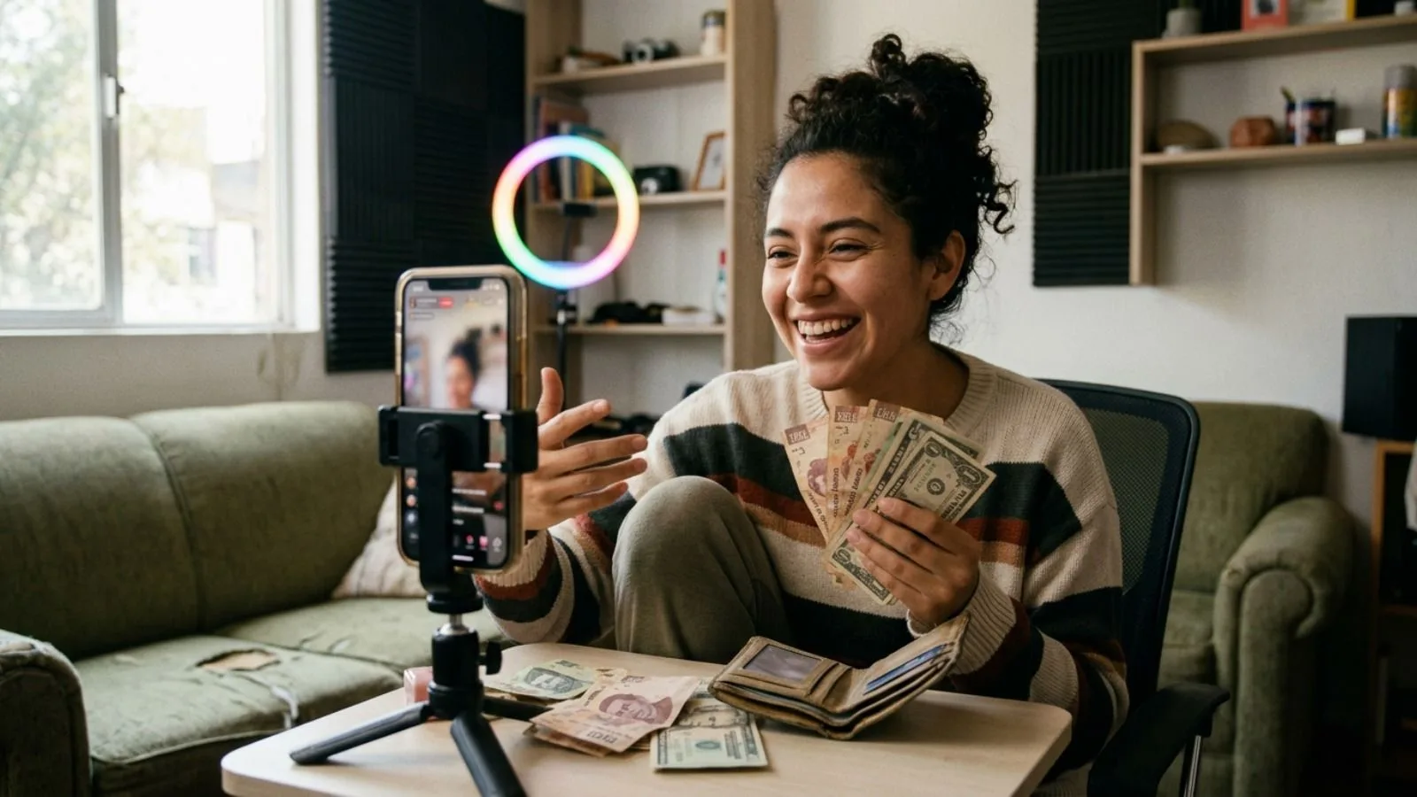 Mujer sonriente graba con móvil y aro de luz mientras sostiene billetes